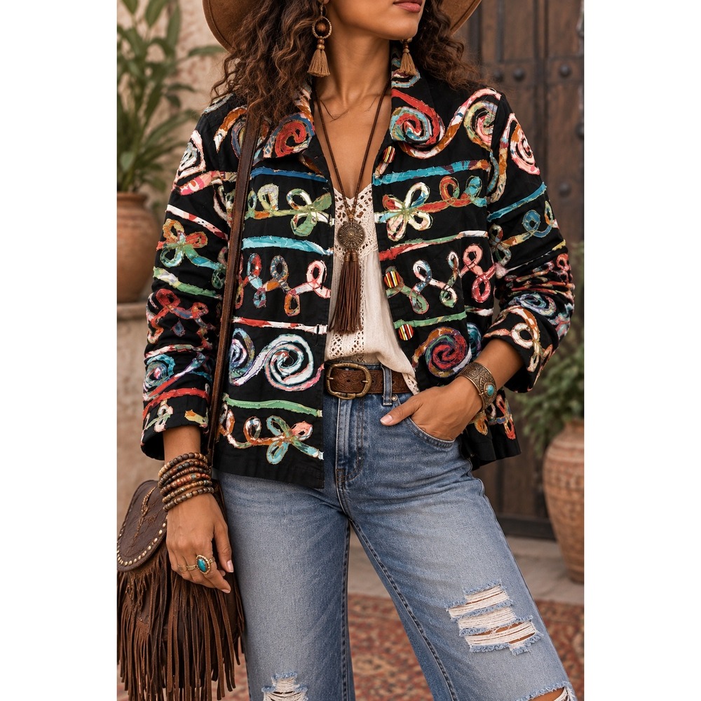 M 28 Vintage 90s Life Style Art to Wear Applique Jacket Boho Patchwork Swirl